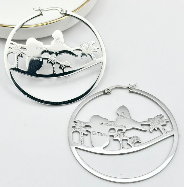 Boucle D'oreille métal Carte et cocotier Couleur Argent