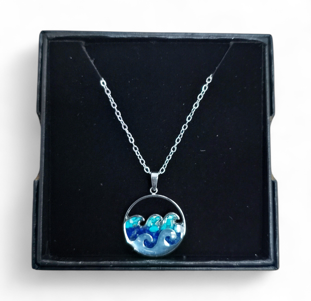 Collier Acier inoxydable Sodalite rond ajouré double vague sable bleu 