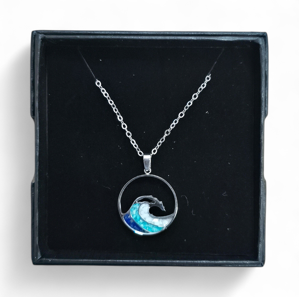 Collier Acier inoxydable Sodalite rond ajouré vague déferlante sable bleu turquoise