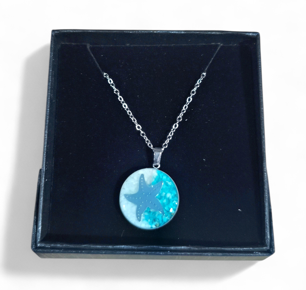 Collier Acier inoxydable Sodalite rond Etoile de mer sable vert turquoise